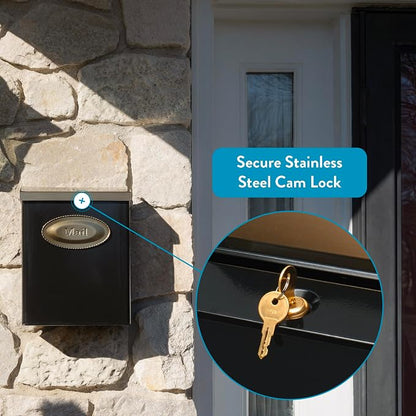 Architectural Mailboxes Designer Locking Wall Mount Mailbox, Black, Medium | Galvanized steel build with a concealed lock and key drop box and weather-resistant outdoor construction.