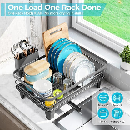 Urackify Dish Drying Rack for Kitchen Counter, Sink Dish Rack with Drainboard 12.2" W x 16.5" L, Large Dish Drainer with Cutlery Holder, Home Countertop Plate Dryer Storage Rack, Gray
