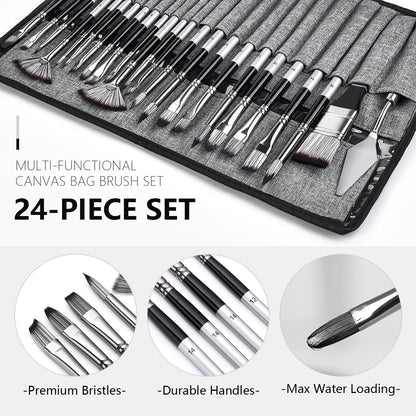 JYN-ANREN 24Pcs Multi-Shape Paint Brushes Set for Acrylic, Oil, Watercolor & Gouache with Palette Knife and Waterproof Canvas Roll, Synthetic Bristles Art Supplies for Artists & Beginners