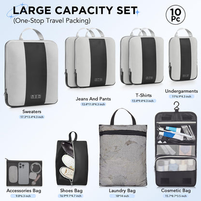 10 Set Compression Packing Cubes for Travel Essentials,Compressible Expandable Packing Cubes for Suitcase,OlarHike Luggage Organizer Bags for Travel,Handy Helper for Organizing Clothes(Black)