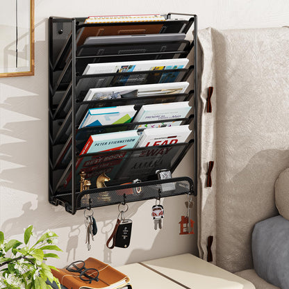 Ekisemio 7-Tier Wall File Organizer, Hanging Mesh File Holder with 4 Hooks, Sturdy Metal File Rack for Desk or Wall, Home Office Storage, Black