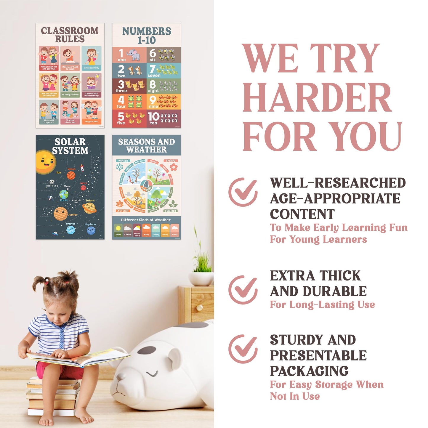 Decorably 20 Boho Learning Posters for Kids Ages 3-5, 11x17in Educational Matte-Laminated for Classrooms, Homeschool, School Hallways, Bulletin Boards