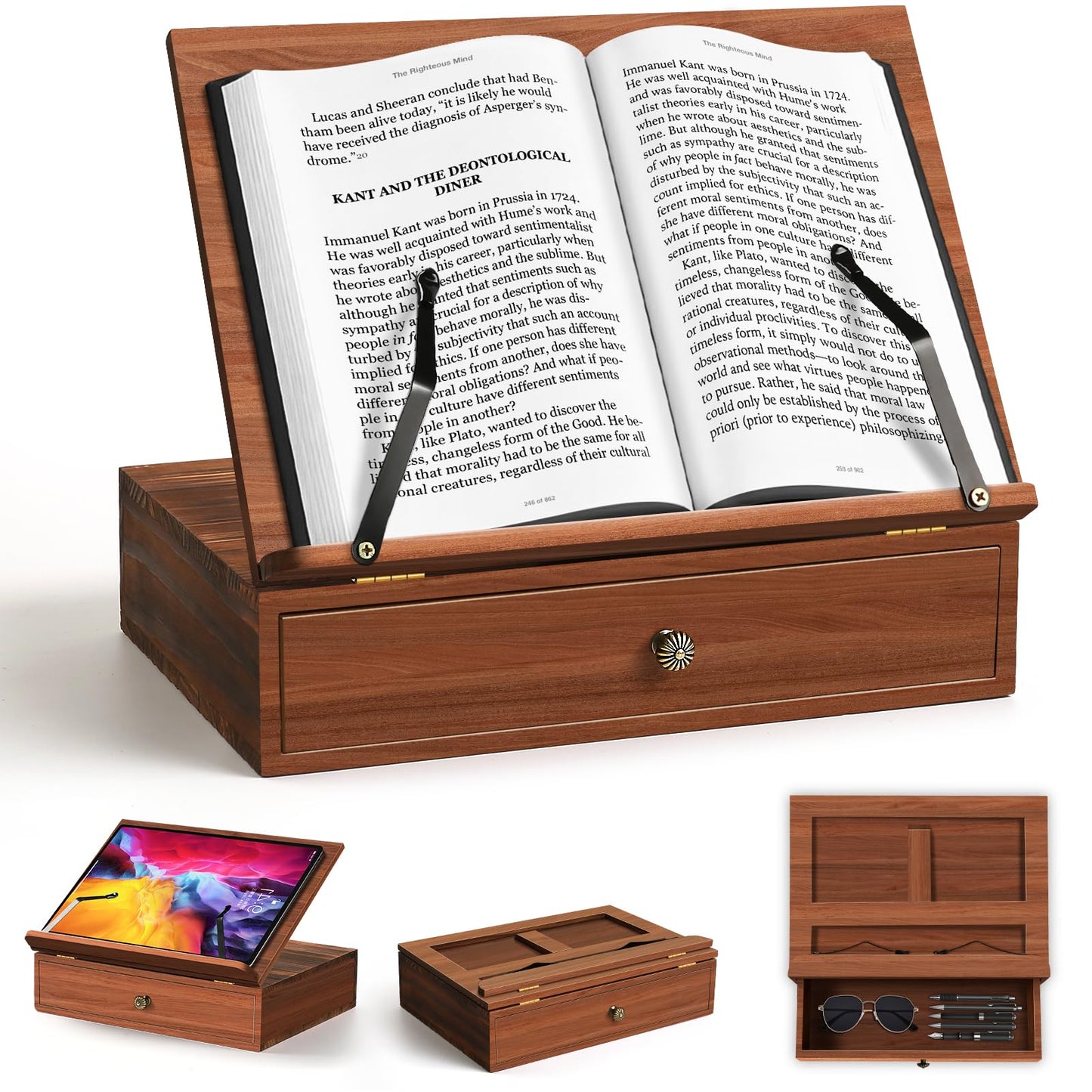 Wooden Book Stand for Reading，4 Adjustable Height Bible Stand with Storge,Book Page Holder for Bible,Recipe,Magazine,Laptop,Tablet