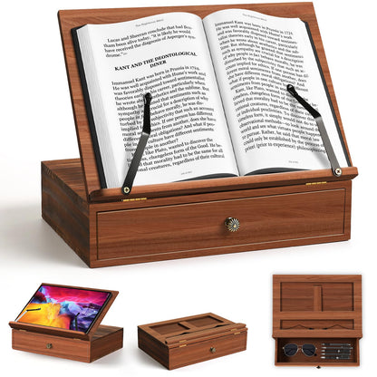 Wooden Book Stand for Reading，4 Adjustable Height Bible Stand with Storge,Book Page Holder for Bible,Recipe,Magazine,Laptop,Tablet