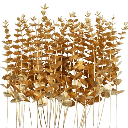 TGANNYOCR 36 Pcs Gold Artificial Eucalyptus Stems 15'' Faux Eucalyptus Leaves Decor Fake Greenery Branches for Xmas branchs Decor Wedding Bouquet Centerpiece Flower Floral Arrangement Home Decoration