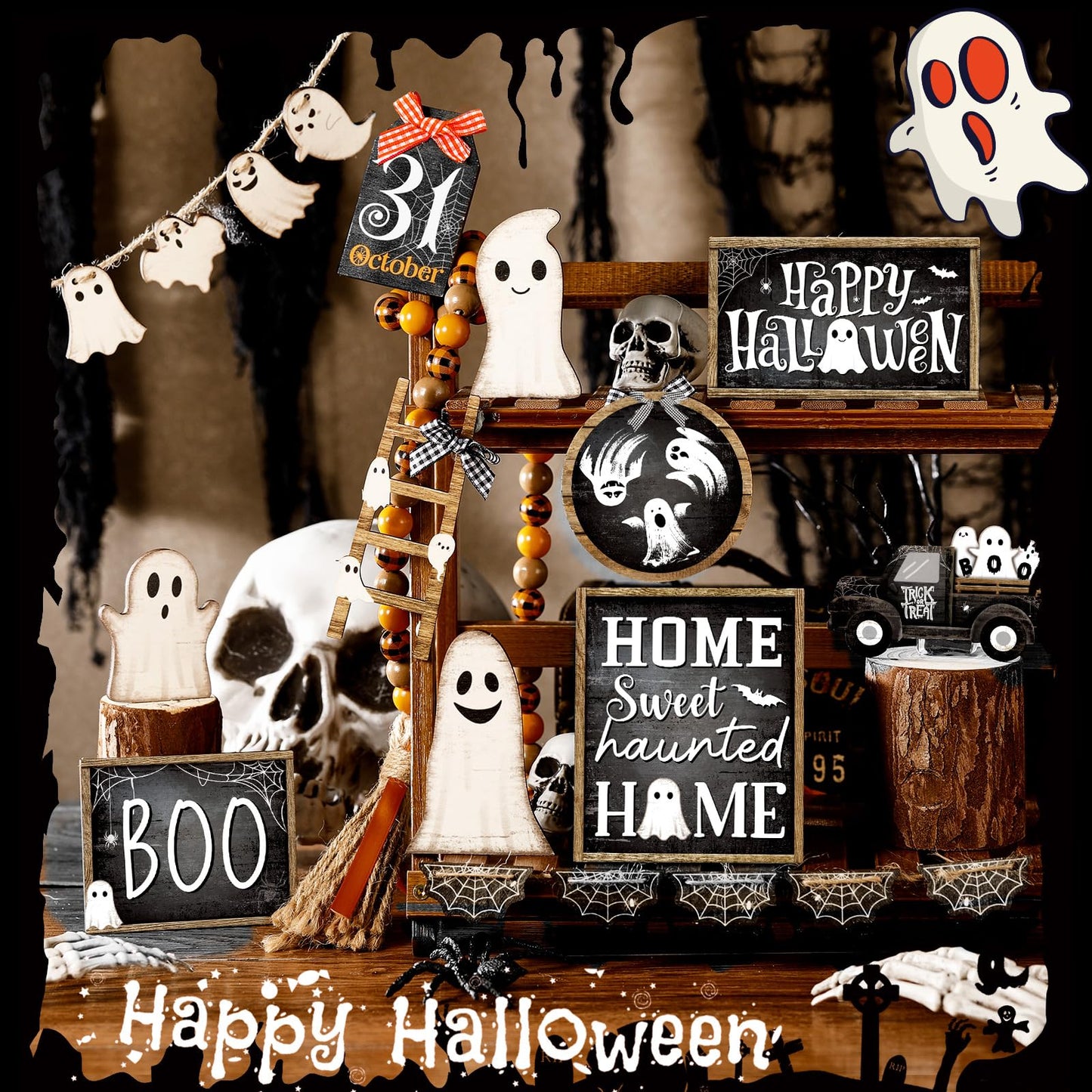 MiniInflat 1 Sets Halloween Tiered Tray Decor Set Happy Halloween Wooden Signs Rustic Table Centerpieces Farmhouse Decor for Home Table, Tray Not Included(Ghost,Black White)