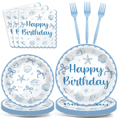 96PCS Coastal Beach Birthday Plates and Napkins Blue Bow Seashell Birthday Party Supplies Disposable Ocean Seashell Bow Tableware Set for Summer Beach Wedding Bachelorette Baby Shower Serves 24 Guests