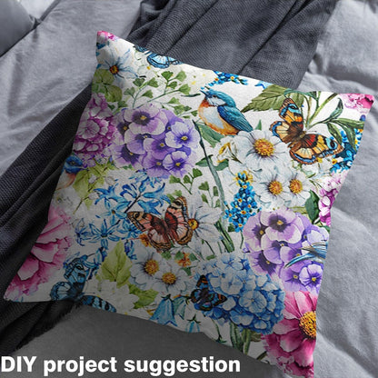 Spring Flowers Fabric by The Yard Sofas,Village Florals Birds Butterflies Flannel Polyester Fabric,Watercolor Garden Pattern Indoor Outdoor Fabric,Farmhouse Style DIY Crafts,1 Yard,36" L x 59" W