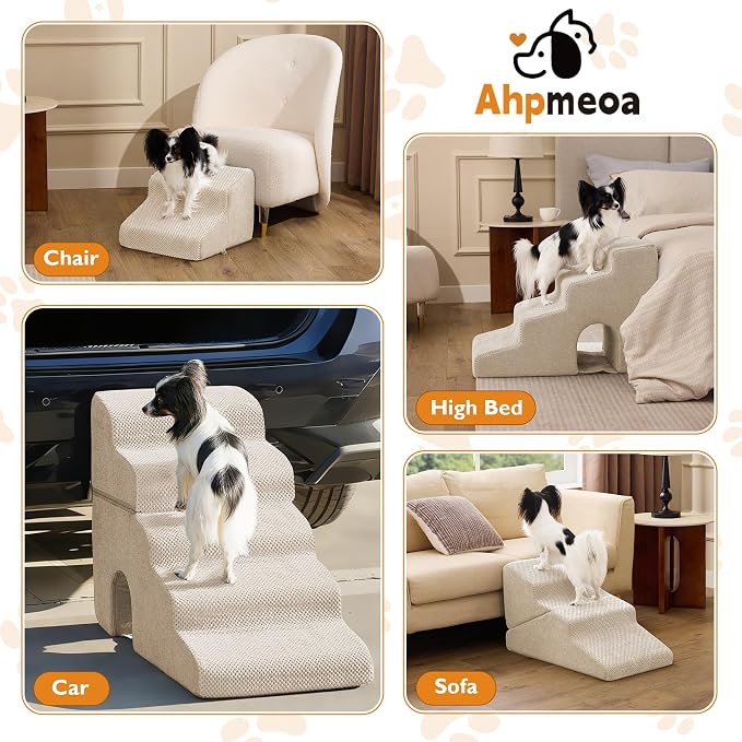 Dog Stairs for Bed 19.5’’ H, 4-Step Dog Steps for High Bed, Pet Stairs for Small Dogs and Cats to Get on Beds, Couch, Non-Slip Balanced Pet Steps and Ramp with Waterproof Cover and Tunnel, Beige