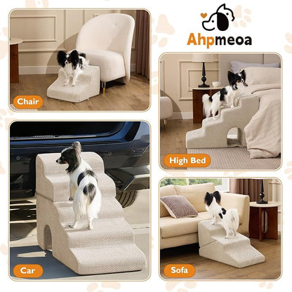 Dog Stairs for Small Dogs 11.5’’ H, 2-Step Dog Steps for Bed, Pet Stairs and Ramp for Dogs and Cats to Get on Beds, Couch, Non-Slip Balanced Pet Steps with Waterproof Cover, Beige