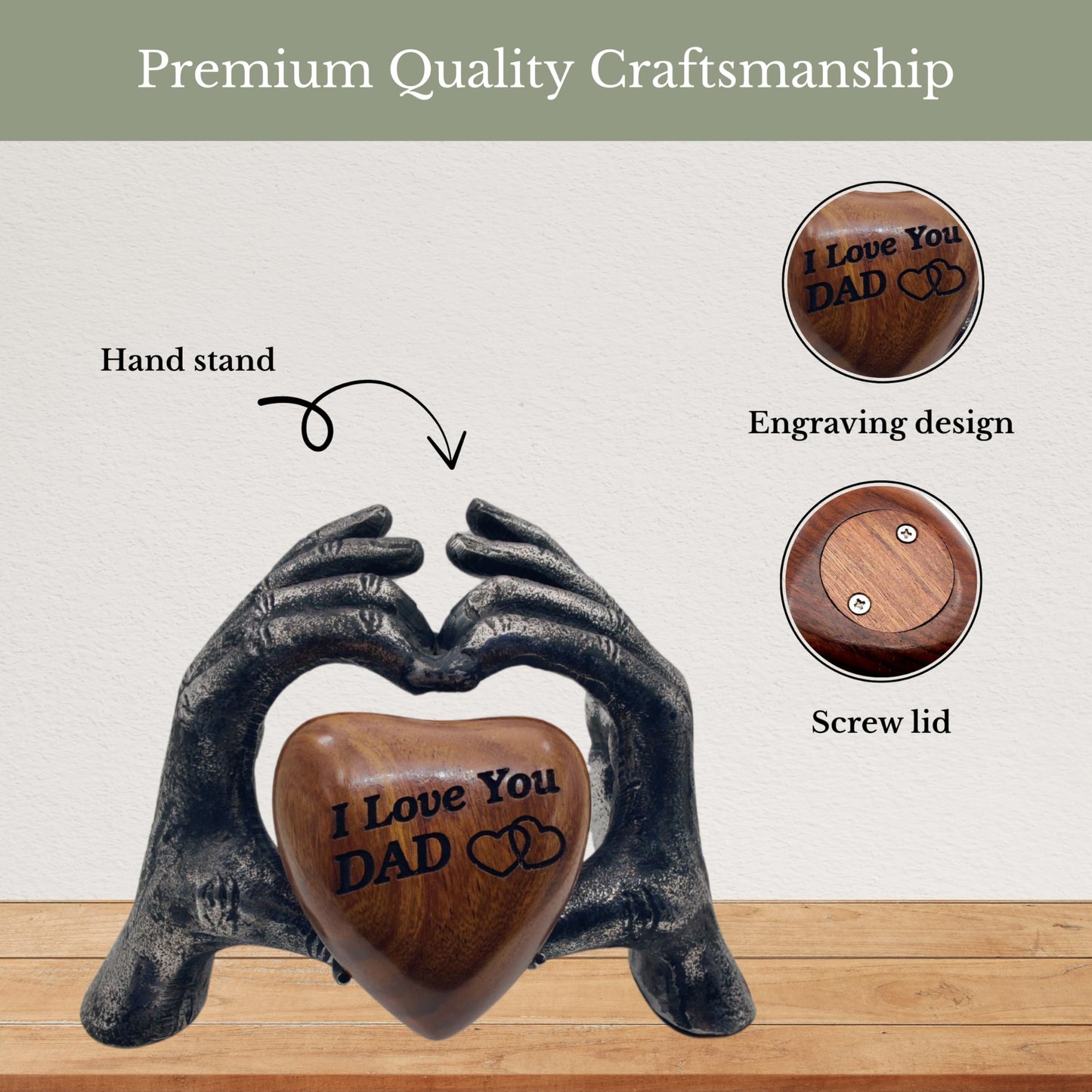 ZAHANAARA Wooden Heart Urn for Ashes|Handcrafted Memorial Box for Funeral |Memorial Gifts, Ashes Keepsake |Aluminum Mini Cremation Urns for Adult Male|I Love You Dad Engraved Tribute|Silver, 3 cu in