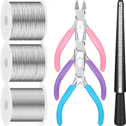 3 Rolls 18 20 22 Gauge Jewelry Wire for Jewelry Making with 3 Multi Purpuse Pliers and Ring Sizer, Tarnish Resistant Aluminum Beading Wire for Arts Crafts Making Supplies(Silver)