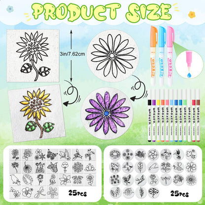 Maitys 65 Pcs Pre-Designed Magic Foam Texture Paper Painting Kit, 3 x 3'' White Foam Texture Paper with Colors Marker Water Brushes for 3D Craft Drawing DIY(Flower and Bird)