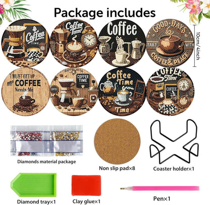 8 Pcs Coffee Diamond Art Coasters Kits, Coffee Diamond Painting Coasters Kit Set with Holder Cork Pads, DIY Diamonds Art Non Slip Coaster Crafts Kits for Adults Beginners Gifts