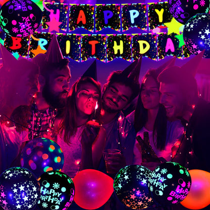 Jetec 71 Pcs Neon Birthday Party Supplies Decorations Include Clear Glow in The Dark Balloons, UV Neon Balloons, Star Hanging Swirls, Rave Theme Birthday Decor Banner Accessories Supplies