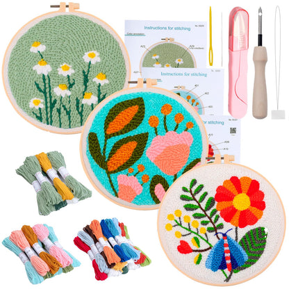 Peotclola Punch Needle Kit for Adults,3 Sets Punch Needle Kits Beginner DIY Embroidery Starter Set with Tools for Home Decoration, Family, Friends Gifts(Flowers A2)