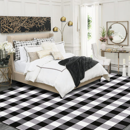 YINMEIJU Buffalo Plaid Rug 5.5'x7.5'Black and White Area Rug,Washable Cotton Woven Indoor/Outdoor Rug for Farmhouse/Dining Room/Bedroom/Living Room Rug Retro Lattice Checkered Carpet