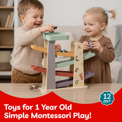 TOPBRIGHT Baby Toys for 1 Year Old Boy Gifts, Wooden Car Ramp Race Track Set, Car Toys for Toddlers with 4 Cars and a Garage, Montessori Toys for 1 Year Old Boy Girl, Birthday Gift for Age 12+ Month