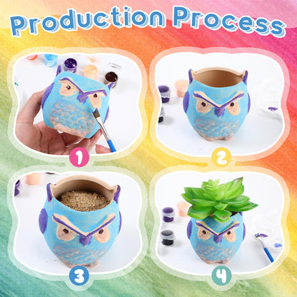 Dandat 12 Pcs Bisque DIY Ceramic Owl Succulent Pots Paint Your Own Ceramic Succulent Planters with 2 Set Paints Paintable Owl Ceramic Flowerpots with Drainage Hole for School Classroom Kids Craft