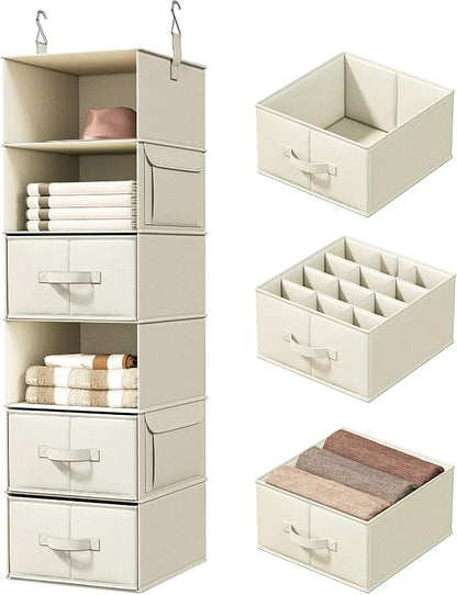 Vailando 6-Shelf Hanging Closet Organizer with 3 Drawers, 6-Shelf Inseparable Closet Organizers and Storage for Wardrobe Organization, Hanging Dresser for Nursury & Dorm Clothes Organizer, Beige