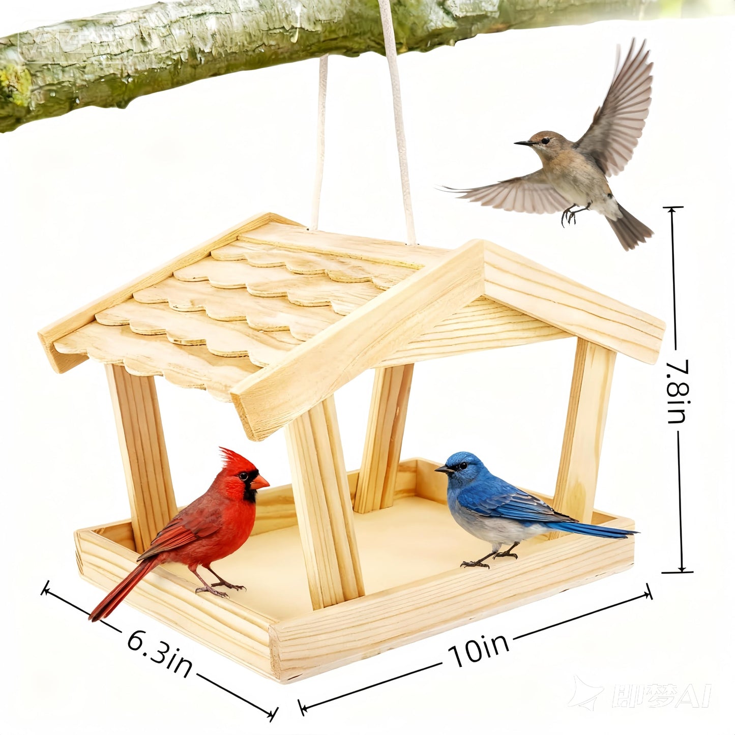 Dmnnlp Bird Feeders House, 10x6.3x7.8 Inch Wooden Wild Bird Feeders for Cardinals Finches Bluebird Mealworm, Platform Bird House Feeder for Garden Yard Outside Hanging, Unfinished Wood