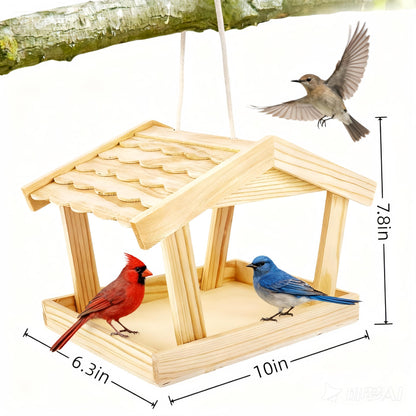 Dmnnlp Bird Feeders House, 10x6.3x7.8 Inch Wooden Wild Bird Feeders for Cardinals Finches Bluebird Mealworm, Platform Bird House Feeder for Garden Yard Outside Hanging, Unfinished Wood