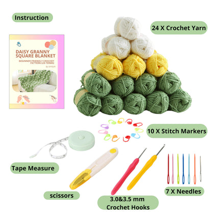 CSWCS Crochet Blanket Kit for Beginners, Daisy Granny Square Throw Kit for Adults, Easy Learn How to Knitting with Yarn & Hook, Complete Starter Set with Step-by-Step Instructions (39" x 31")