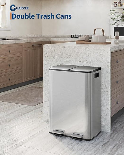 Garvee 2-in-1 Kitchen Trash and Recycle Combo, 30L (2 x 8 Gal) Stainless Steel Step Trash Can with Soft-Close Lid, Dual Compartment Garbage Bin for Kitchen