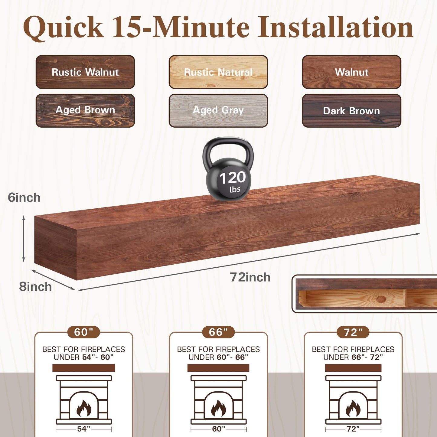 Eshoma Fireplace Mantel, 72 Inch Handcrafted Wood Mantles for Over Fireplace, Wall Mounted Fireplace Mantel Shelf, Floating Mantel Shelf for Living Room Decor, Walnut