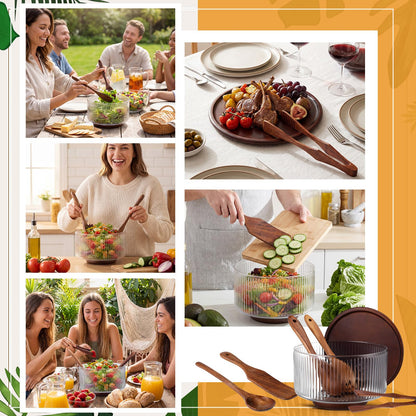Singhoow Large Ribbed Glass Salad Bowl Set, Party Salad Bowl with Wood Base and Lid as Cheese Charcuterie Board and Plate, Comes with 5 Pieces of Elegant Wood Serving Utensils(9" X 5.9")