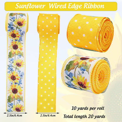 Sunflower Dot Wired Edge Ribbons Spring Summer Floral Gift Wrap Ribbon Yellow White Flower Craft Ribbon for DIY Crafts Wreath Bow Making Wrapping Party Decor Supplies, 2 Rolls, 20 Yard