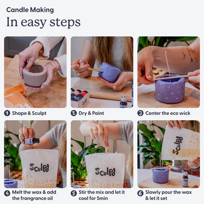 Sculpd Candle Making Pottery Kit for Adults with Air Dry Clay and Acrylic Paint Set, Non-Toxic Eco Soy Wax, Scented Fragrance Oil, Candle Glaze, Tools & Guide, 2 Candles, Peony Rose