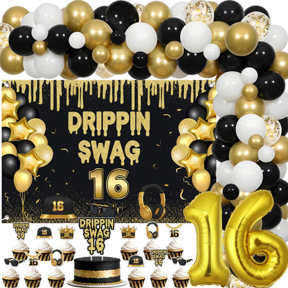 Jollyboom Drippin Swag 16 Birthday Decorations for Boys, Black and Gold 16th Birthday Backdrop Balloon Garland Kit with Banner Cake Topper Cupcake Toppers Number 16 Balloon for Boy Party Photo Wall