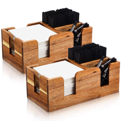 Mifoci 2 Pcs Acacia Bar Caddy with 5 Compartments, Wooden Bar Napkin Holder Organizer Cocktail Straws and Toothpicks Condiments for Home Office Kitchen Countertop(10.6 L x 5.5 W)