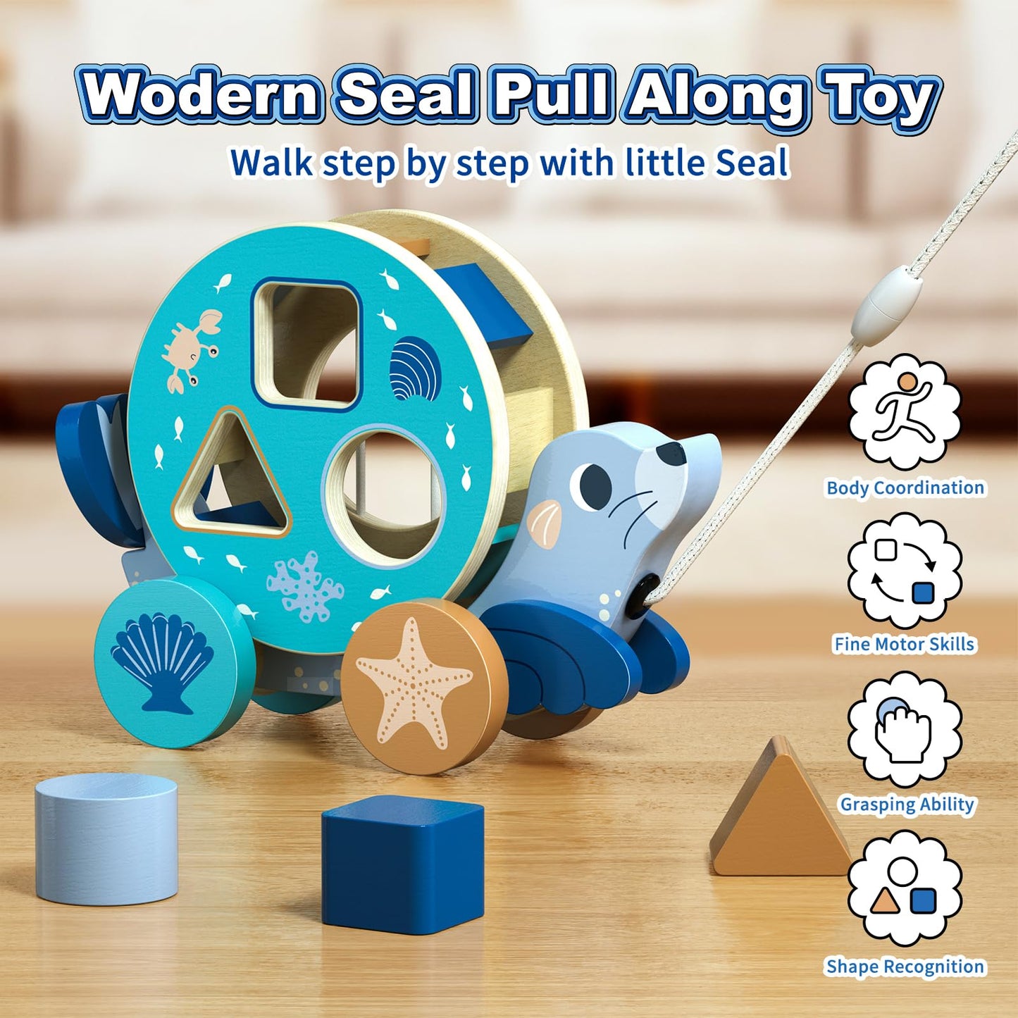 LOVELAND Wooden Seal Pull Along Toy, 3-in-1 Interactive Walker for Toddlers 1-3 with Rattle Ball & Shape Sorter, STEM Educational Push Pull Walking & Crawling Toy for Baby Boy Girl Birthday Gifts