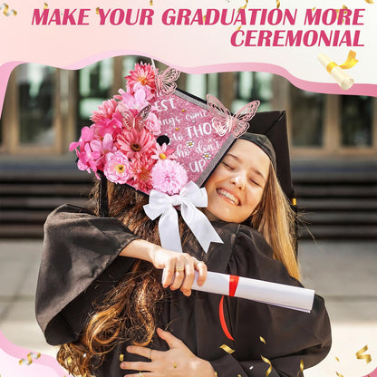 Dunzoom 40 Pcs DIY Graduation Cap Decorations Kit Artificial Flowers Inspirational Cardstock 3D Butterfly Stickers Ribbon Bow Rhinestone Stickers for Grad Cap Topper Graduation Party(Pink)