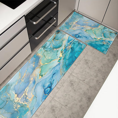 Teal Kitchen Rugs Sets of 2 Non Slip Blue Gold Turquoise Marble Kitchen Mats for Floor with Rubber Backing Washable Kitchen Runner Rug Carpet 17"x47"+17"x30" for Hallway Laundry