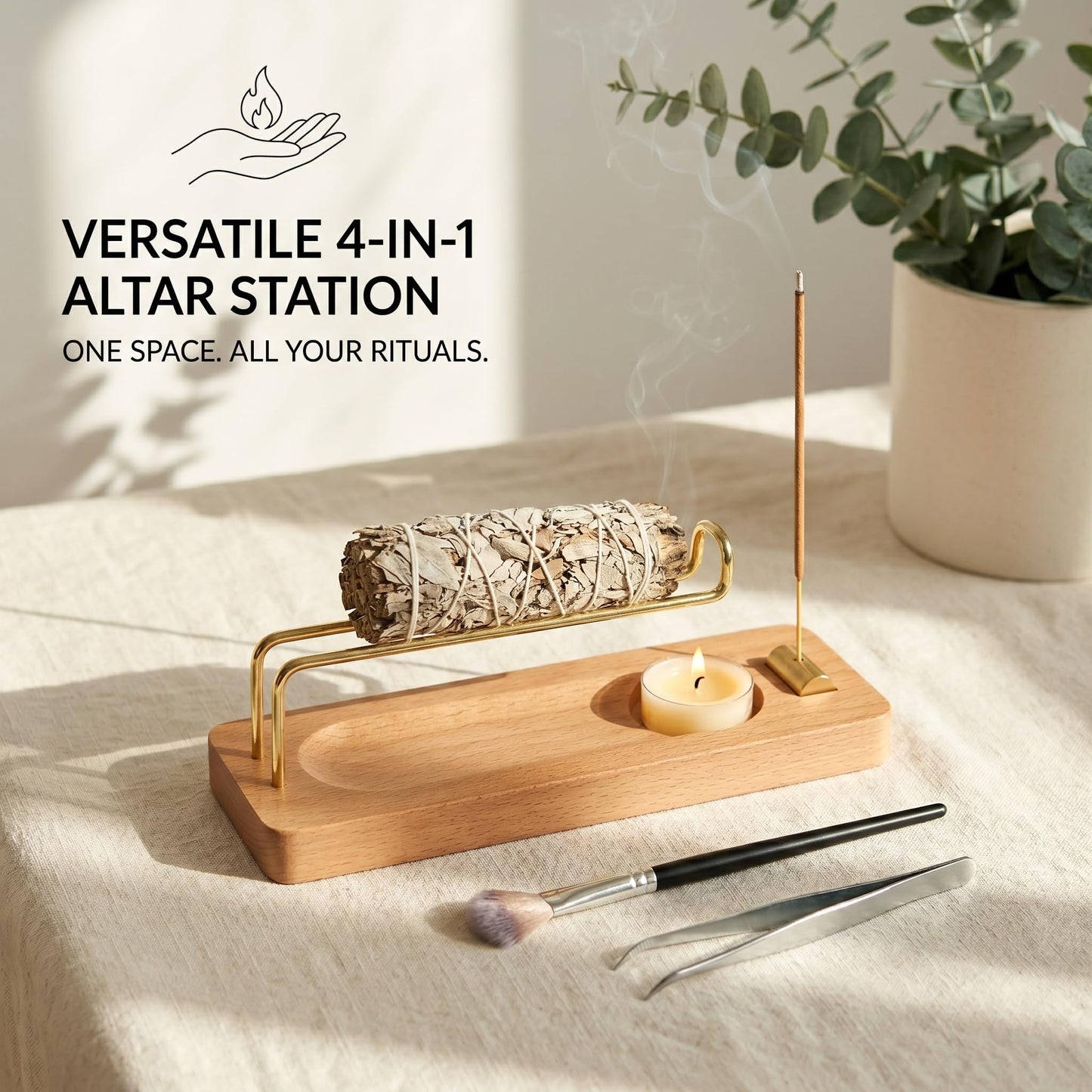 4 in 1 Incense Holder for Sticks, Palo Santo and Sage Holder, Wooden Incense Burner with Ash Catcher, 2 in 1 Incense and Candle Holder, Unique Incense Stick Holder for Yoga Meditation Decor