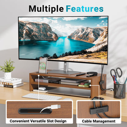 BONTEC Wood Monitor Stand Riser, 2-Tier Desktop Organizer with Storage, Ergonomic Computer Stand for Desk, Cable Management, Cellphone Holder, 21.3 Inch Shelf, Walnut