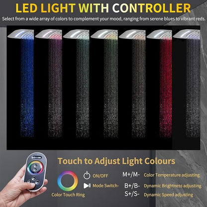 AYIVG Brushed Nickel Thermostatic Rainfall Shower System 16 x 26 Inch Temperature Display Shower Faucet System with Body Jets Smart Ceiling Mount Multi Function 64 Color LED Rainfal Shower Set