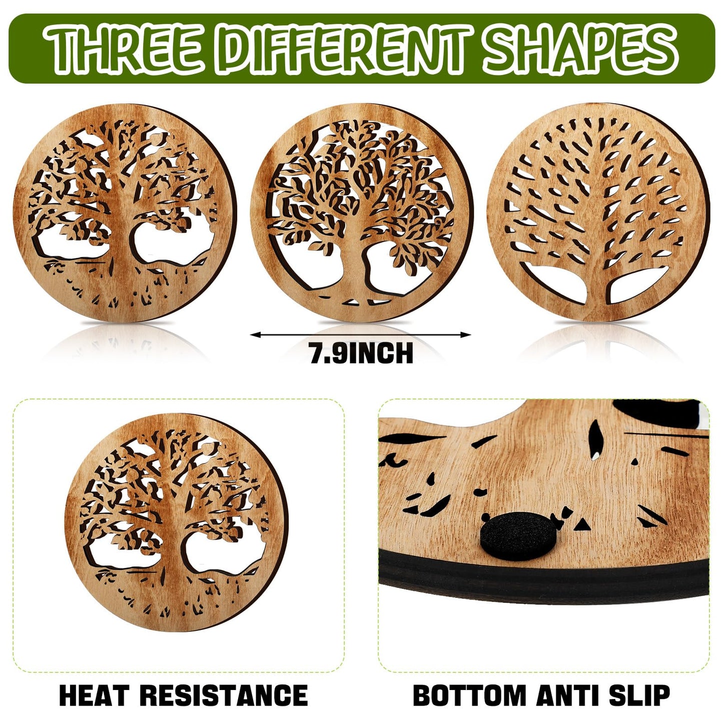 Beeveer 3 Pcs Life Tree Wooden Trivets for Hot Dishes 8 Rustic Round Tree Trivet Set Hot Plate Holders Heat Resistant Polite Trees Coasters for Table Dishes Pots and Pans(Light Wood Color)