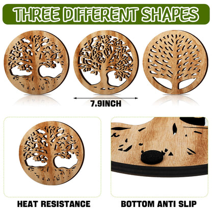 Beeveer 3 Pcs Life Tree Wooden Trivets for Hot Dishes 8 Rustic Round Tree Trivet Set Hot Plate Holders Heat Resistant Polite Trees Coasters for Table Dishes Pots and Pans(Light Wood Color)