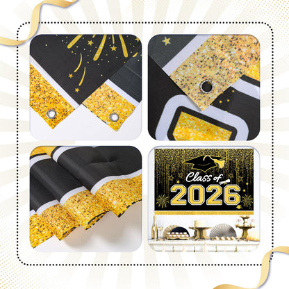 Graduation Decorations 2026, Black and Gold Balloon Garland Arch, Black and Gold Graduation Decorations with Congrats Grad Tablecloth and Class of 2026 Backdrop for High School College Grad Party