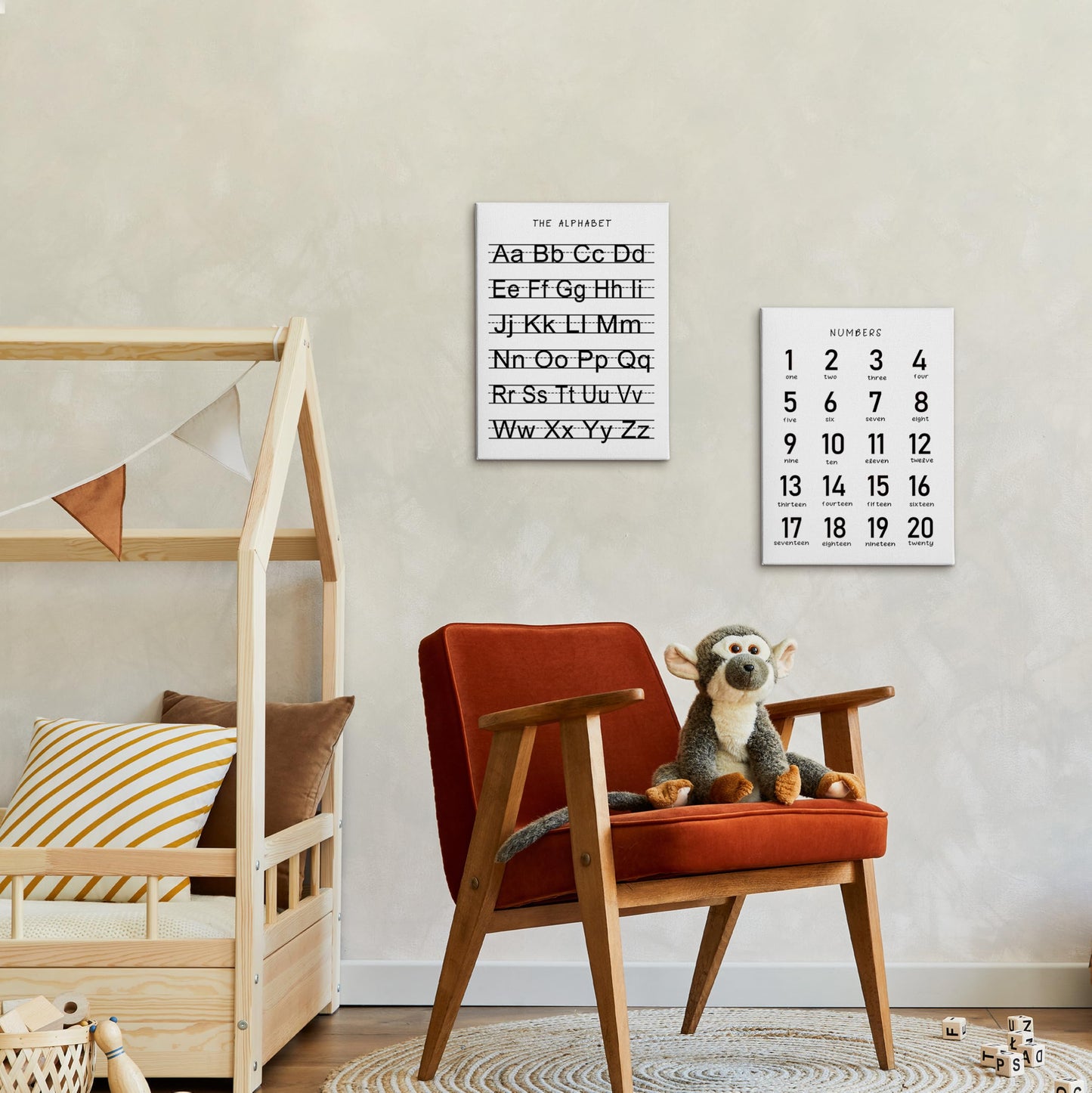 HRQKO Alphabet Numbers Nursery Canvas Wall Art Set of 2, Kids Room Decor Framed Art, ABC Numbers Learning Posters Wall Decor for Classroom Toddler Kids Nursery Bedroom Playroom, 11x14 inch