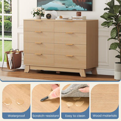 DUMOS Fluted 8 Drawer Dresser for Bedroom, 43.3" Wide Modern Chest of Drawers with Gold Metal Handles, Wooden Dresser TV Stand, Storage Organizer Unit for Living Room, Hallway, Natural Oak