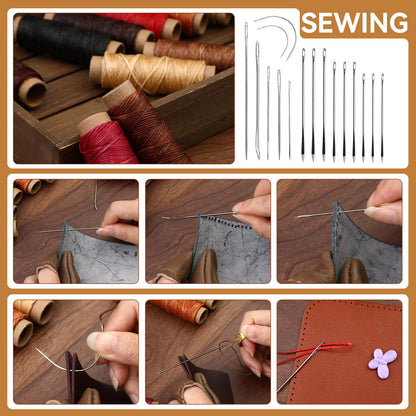 60 Pcs Leather Working Kit Leather Sewing Kit Leathers Craft Tools with Storage Bag Stamping Tools Stitching Groover Waxed Thread Prong Punch for Craft Making Stitching and Punching