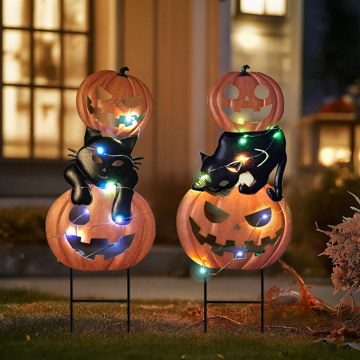 HONGLAND Halloween Decorations Solar Lights, 2 Pack Outdoor Waterproof Metal Pumpkin Stake with Black Cat Jack-o-Lantern for Yard, Garden, Pathway