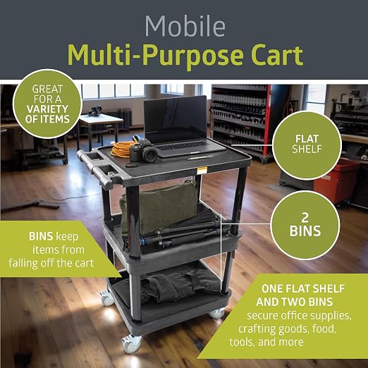 Pearington 3-Shelf Multipurpose Mobile Utility Cart with 2 Bins and Lockable Wheels, Heavy-Duty Plastic Rolling Presentation Cart for Offices and Warehouses, Black