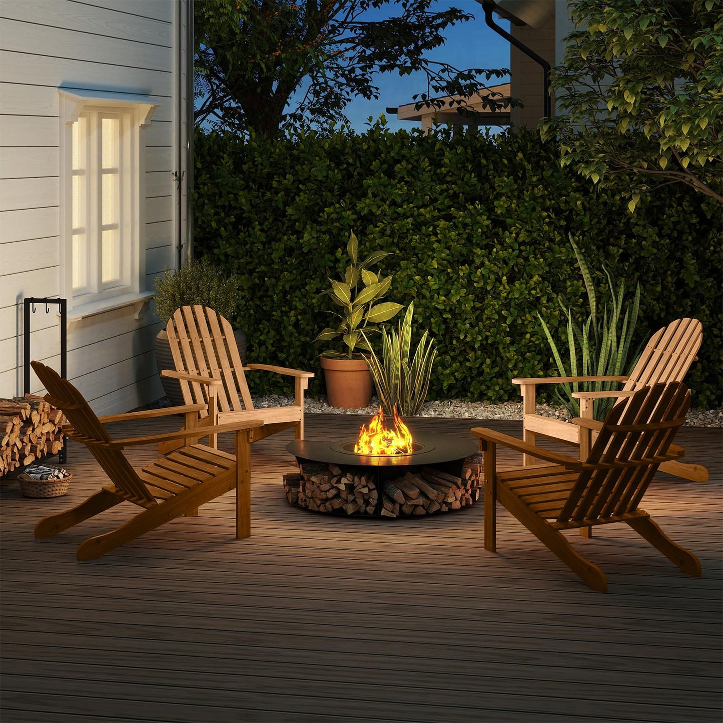 Tangkula Outdoor Adirondack Chair, Solid Acacia Wood Fire Pit Chair with Inclined Backrest, Curved Seat & Wide Armrests, Wooden Lawn Chair for Porch, Patio, Garden, Backyard, Deck (2, Natural)