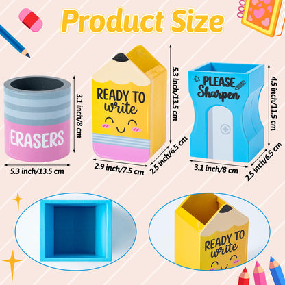 MALLMALL6 3Pcs Pencil Sharpen Eraser Shaped Pencil Holder, Back to School Wooden Caddy Case Gifts for Kid Student, No Assembly Sharp Dull Shaped Desktop Dispenser Storage Organizer for Classroom Decor